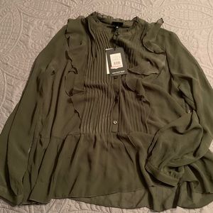 Olive Ruffled Tuxedo Sheer Blouse Size XL